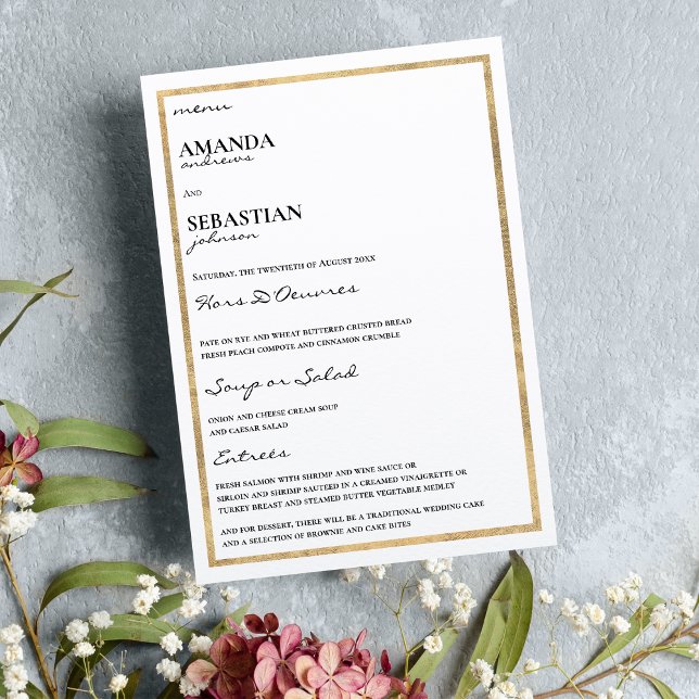 Minimalistische Goldtypografie Menükarte (Minimalist gold white typography elegant wedding menu)