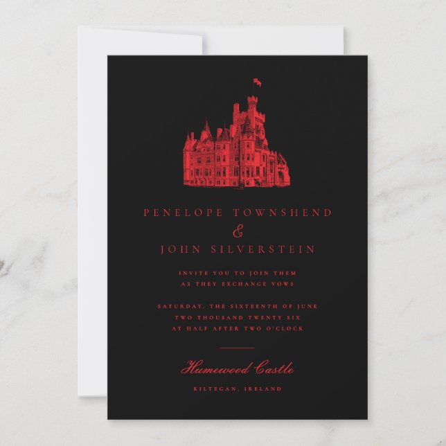 Minimalistische gotische Burg Black Red Wedding Einladung (Vorderseite)