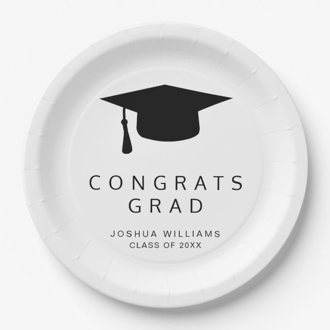 Minimalistische Graduierungskappe für Schwarz-Weiß Pappteller (Vorderseite)