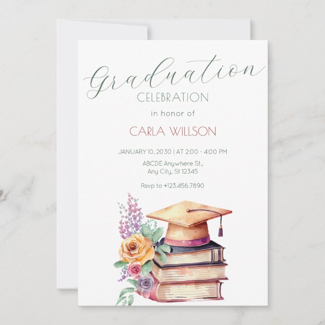 Minimalistische Graduierungskappe mit Blume Einladung (Vorderseite)