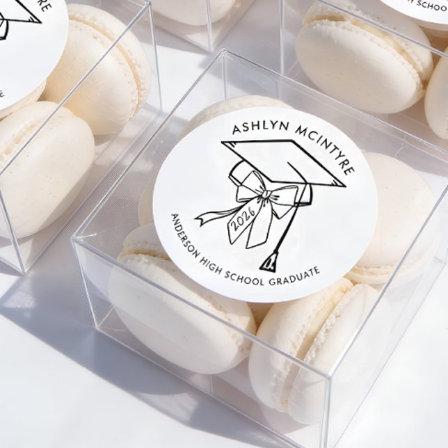 Minimalistische Graduierungskappe mit Bow Runder Aufkleber (Graduation Cap and Bow Favor Sticker)