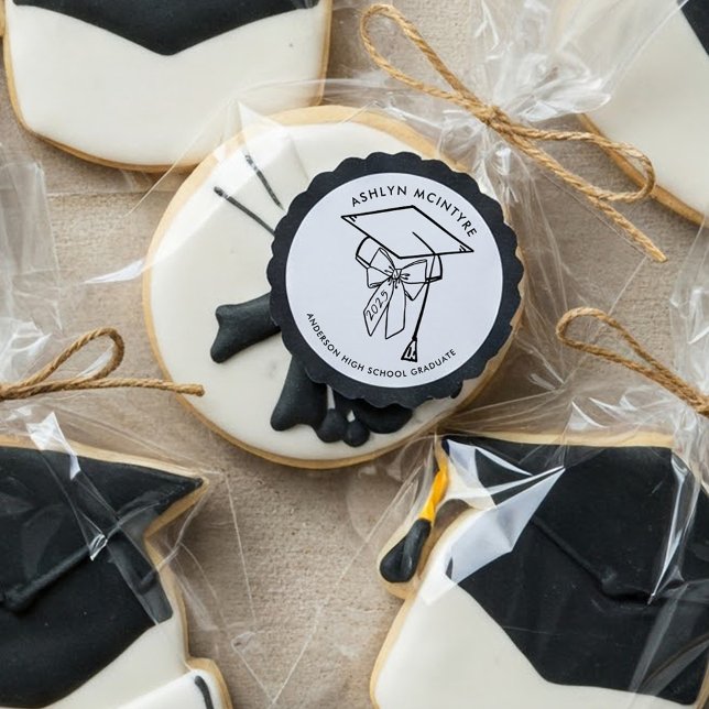 Minimalistische Graduierungskappe mit Bow Runder Aufkleber (Graduation Cap and Bow Sticker)