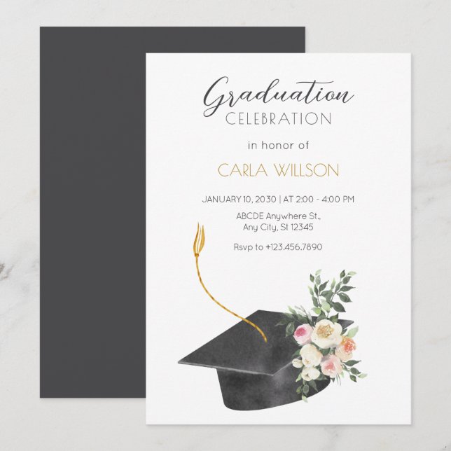 Minimalistische Graduierungskappe mit Einladung de (Vorne/Hinten)