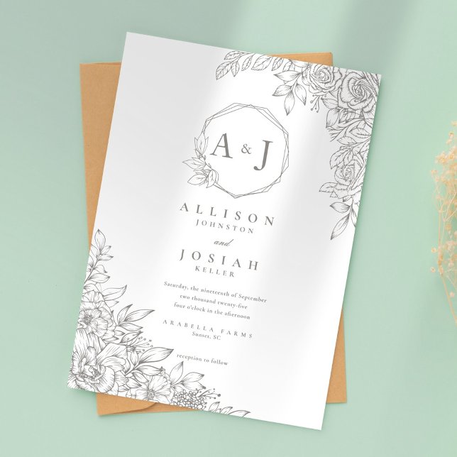 Minimalistische graue Blumenhochzeit Einladung (Von Creator hochgeladen)