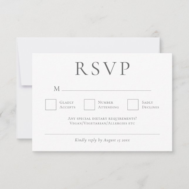 Minimalistische graue Hochzeit RSVP Karte (Vorderseite)