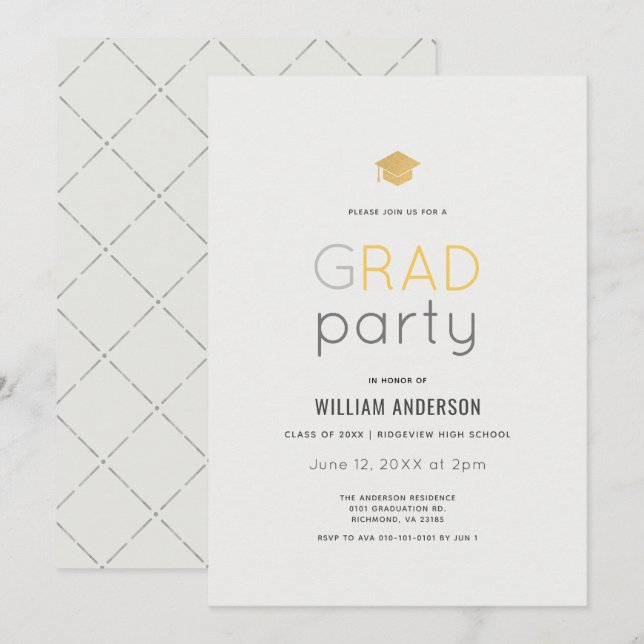 Minimalistische Gray Gold Graduation Party Einladung (Vorne/Hinten)