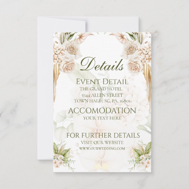 Minimalistische Green Beige Floral Wedding Details Dankeskarte (Vorderseite)