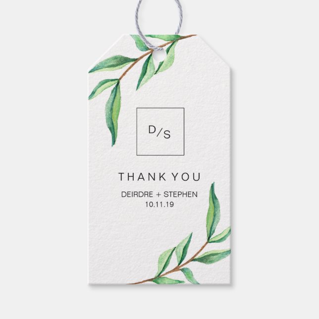 Minimalistische grüne Blätter auf Weiß Danke Geschenkanhänger (Vorderseite)