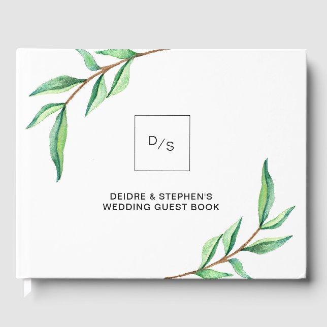Minimalistische grüne Blätter auf Weiß | Hochzeit Gästebuch (Vorderseite)