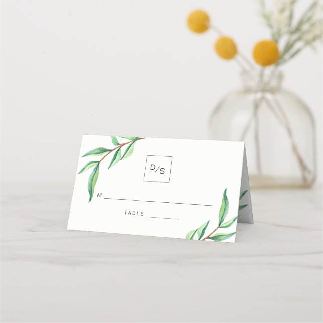 Minimalistische grüne Blätter Hochzeit Platzkarte (Rückseite)
