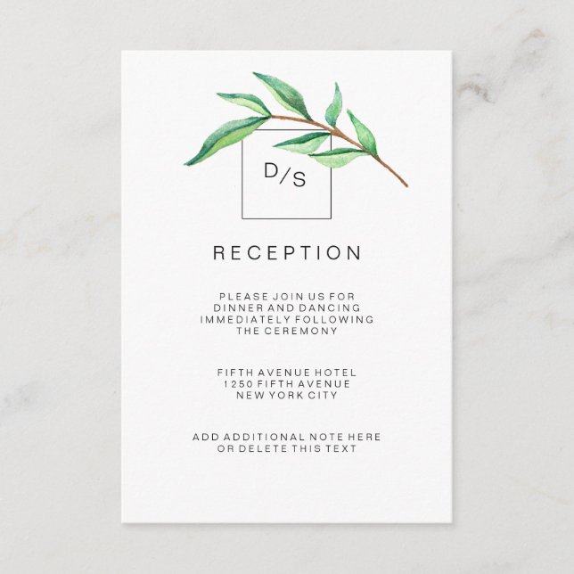 Minimalistische grüne Blätter Hochzeitsempfang Begleitkarte (Vorderseite)