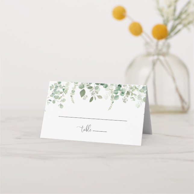 Minimalistische grüne Eukalyptus-Hochzeitsszene Pl Platzkarte (Vorderseite)