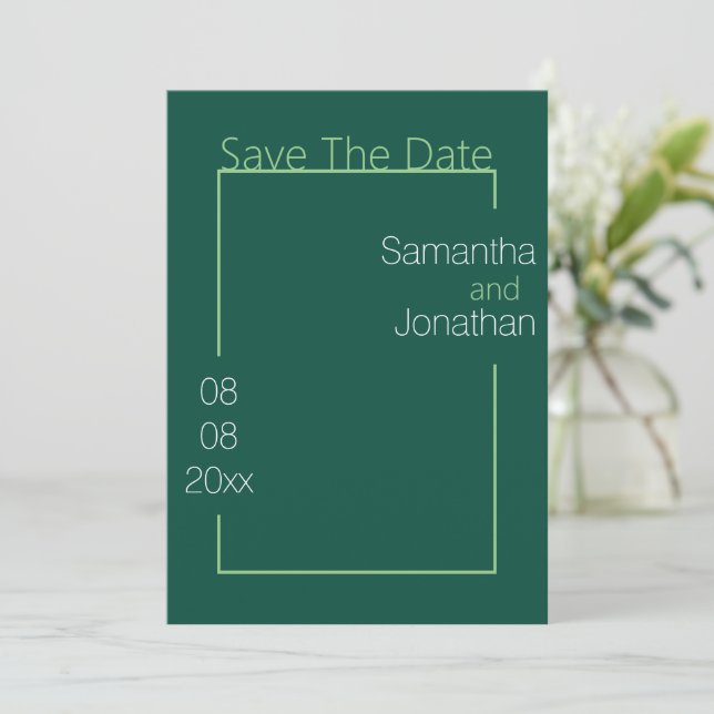 Minimalistische grüne Hochzeit rettet das Datum Einladung (Stehend Vorderseite)