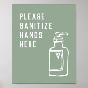 Minimalistische grüne Sanitize-Hände hier Poster
