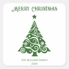 Minimalistische grüne Schrift Frohe Weihnachtsbaum Quadratischer Aufkleber