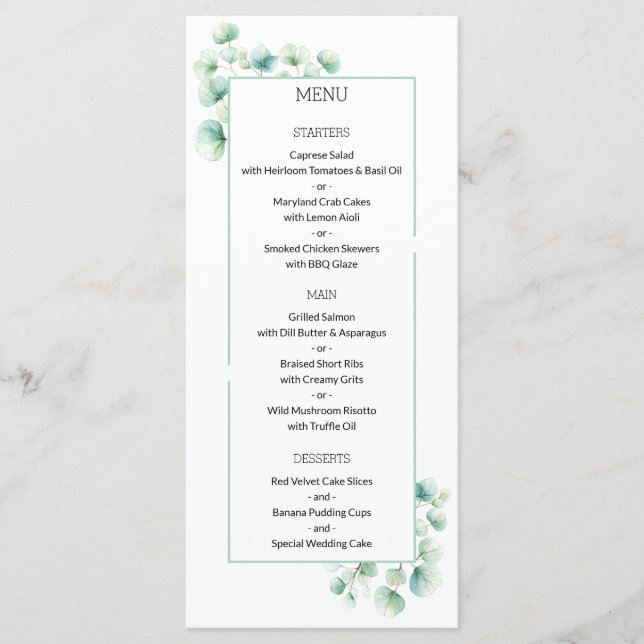 Minimalistische Grüne Themed Eucalyptus Wedding Menükarte (Vorderseite)