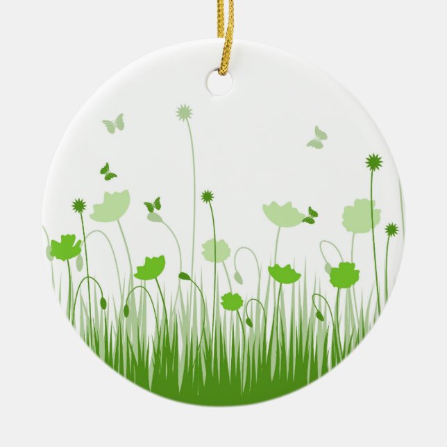 Minimalistische Grüne und Weiße Pflaumen Wiesenblu Keramik Ornament (Vorne)