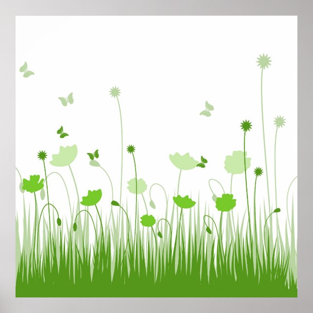 Minimalistische Grüne und Weiße Pflaumen Wiesenblu Poster (Vorne)