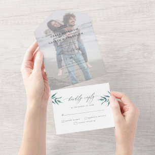 Minimalistische grüne Wasserfarbe Zweig Hochzeitsf All In One Einladung