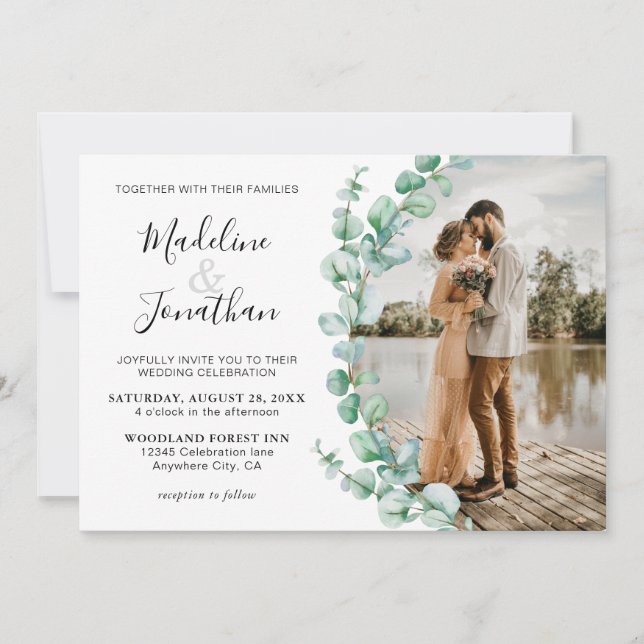 Minimalistische Grünpflanzen Eukalyptus Foto Weddi Einladung (Vorderseite)