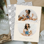 Minimalistische Halbkreise Liebe & Licht Hanukkah  Folien Feiertagskarte<br><div class="desc">Diese einzigartige und stilvolle Urlaubskarte verfügt über zwei Ihrer liebsten Fotos in einer doppelten, obersten und untersten halbkreisförmigen Vorlage mit gebogenen, foliengepressten minimalistischen Linien und einem modernen, mit Folie geprägten Schriftsatz mit Gruß, "Liebe und Licht" in der Mitte der Karte. Der Familienname und das Jahr sind ganz unten. Die Rückseite...</div>