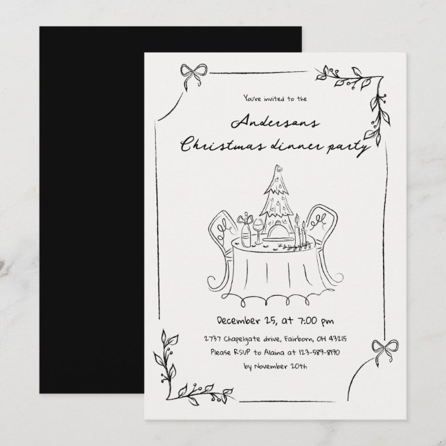 Minimalistische Hand gezogen Weihnachtsessen Party Einladung (Vorne/Hinten)