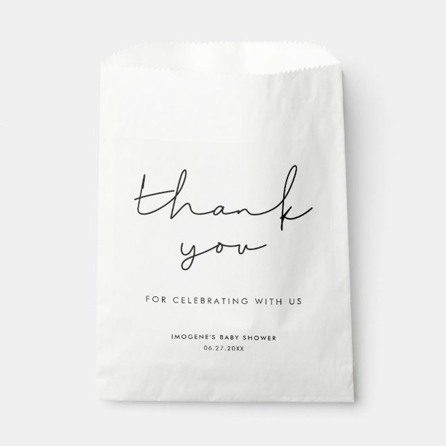 Minimalistische, handgeschriebene Babydusche Geschenktütchen (Vorderseite)
