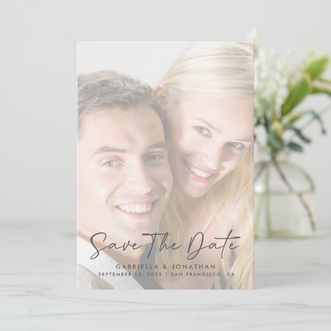 Minimalistische handgeschriebene Script-Foto-Hochz Save The Date (Stehend Vorderseite)