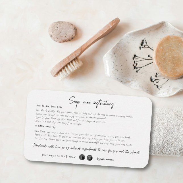 Minimalistische Handmade Soap Care Instruktion Telefonnummerkarte (Von Creator hochgeladen)