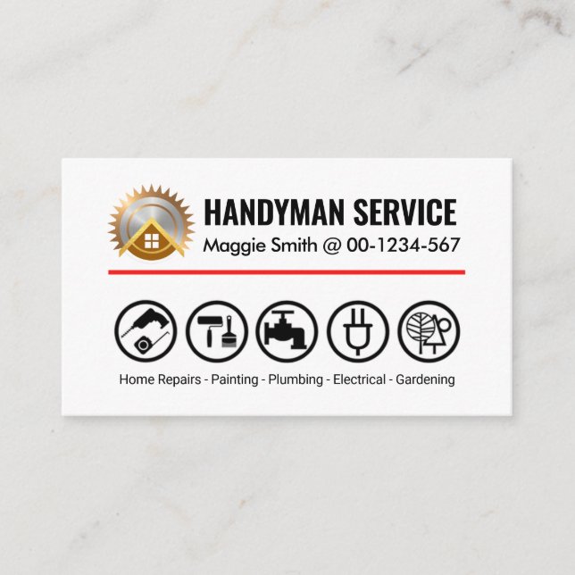 Minimalistische Handyman-Tools in roter Linie Visitenkarte (Vorderseite)