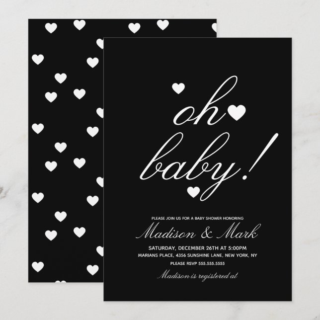 Minimalistische Hearts Black Baby Dusche Einladung (Vorne/Hinten)