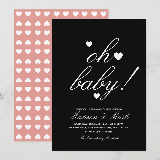 Minimalistische Hearts White Black Baby Dusche Einladung (Vorne/Hinten)