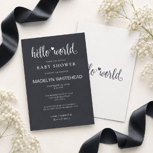 Minimalistische Hello World Baby Shower Soft Black Einladung