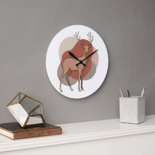Minimalistische Herbst-Hirsch-Botanik-Illustration Große Wanduhr