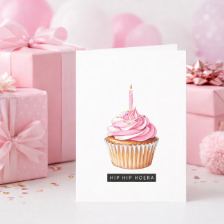 Minimalistische Hip Hip Hoera Roze Cupcake Jarig Karte