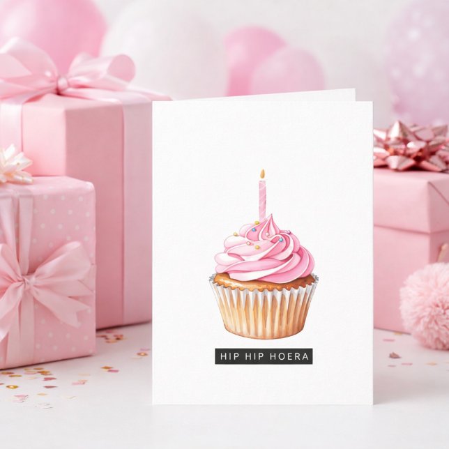 Minimalistische Hip Hip Hoera Roze Cupcake Jarig  Karte (Von Creator hochgeladen)