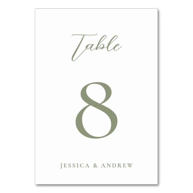 Minimalistische Hochzeit auf Grün und Weiß Tischnummer (Vorderseite)