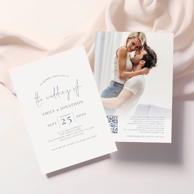Minimalistische Hochzeit des Blue Text Foto QR Cod Einladung (Front and back view)