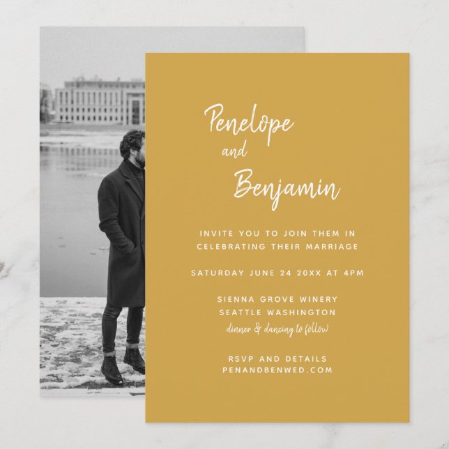 Minimalistische Hochzeit des Boho Gelben Fotos Einladung (Vorne/Hinten)