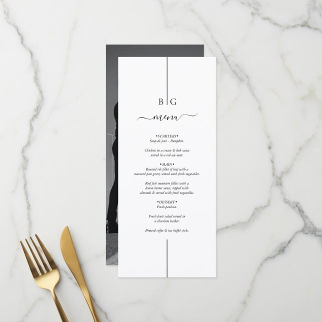 Minimalistische Hochzeit des modernen Fotos Menükarte (Vorderseite/Rückseite Beispiel)