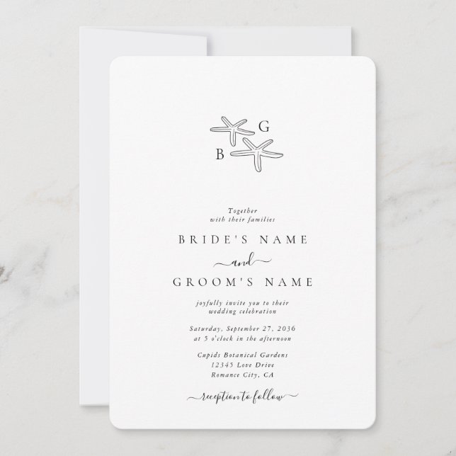 Minimalistische Hochzeit des Starfish Beach Monogr Einladung (Vorderseite)