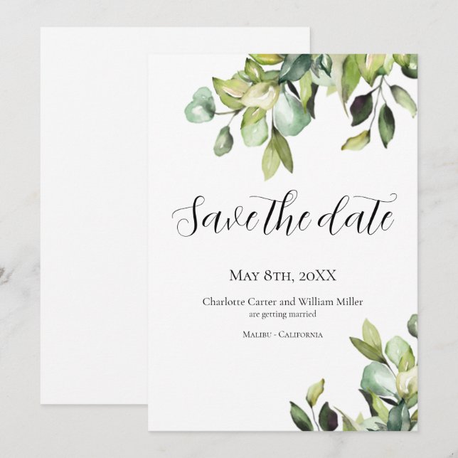Minimalistische Hochzeit | Elegant Green Botanical Save The Date (Vorne/Hinten)
