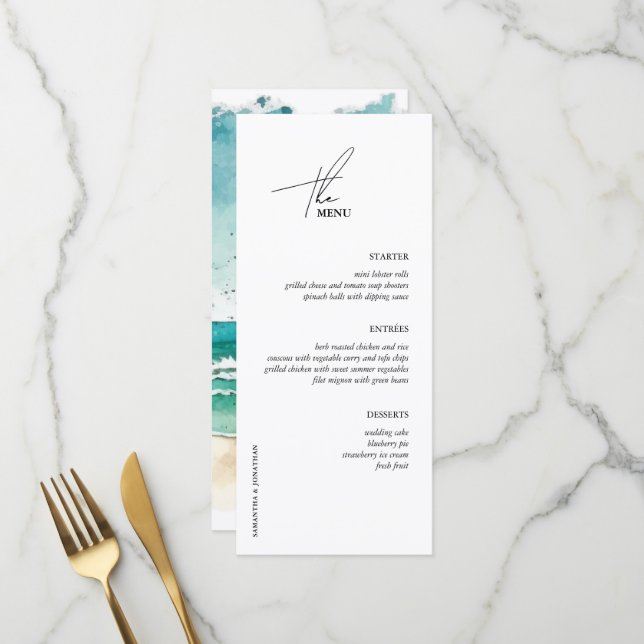 Minimalistische Hochzeit im Wasser Menükarte (Vorderseite/Rückseite Beispiel)