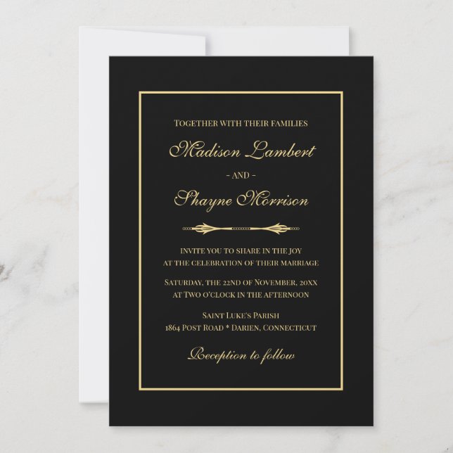 Minimalistische Hochzeit in Gold und Schwarz Einladung (Vorderseite)