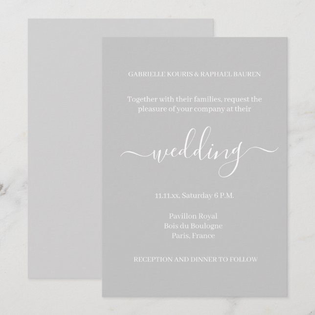 Minimalistische Hochzeit in Grau und Weiß Einladung (Vorne/Hinten)