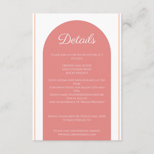 Minimalistische Hochzeit in Rosa Arch Begleitkarte (Vorderseite)