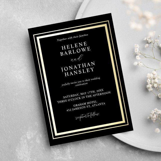 Minimalistische Hochzeit in Schwarz und Gold Einladung (Black And Gold Minimalist Modern Elegant Wedding Invitation)