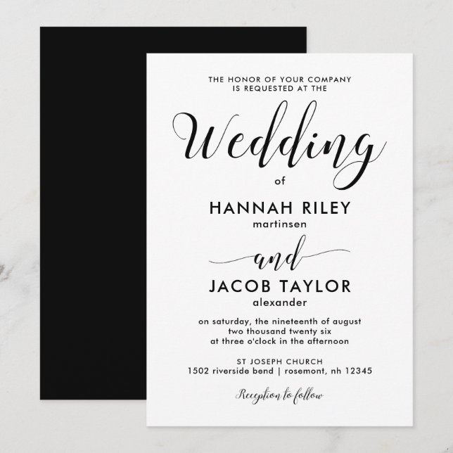Minimalistische Hochzeit in Schwarz und Weiß Einladung (Vorne/Hinten)