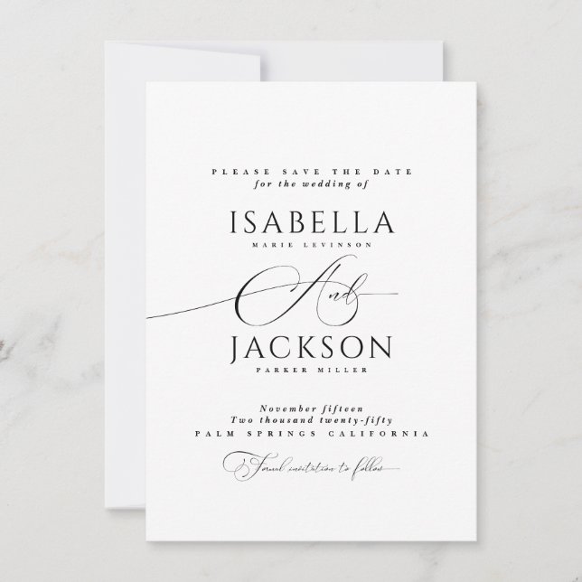 Minimalistische Hochzeit in Schwarz und Weiß Save The Date (Vorderseite)