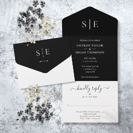 Minimalistische Hochzeit in Schwarzweiß All In One Einladung